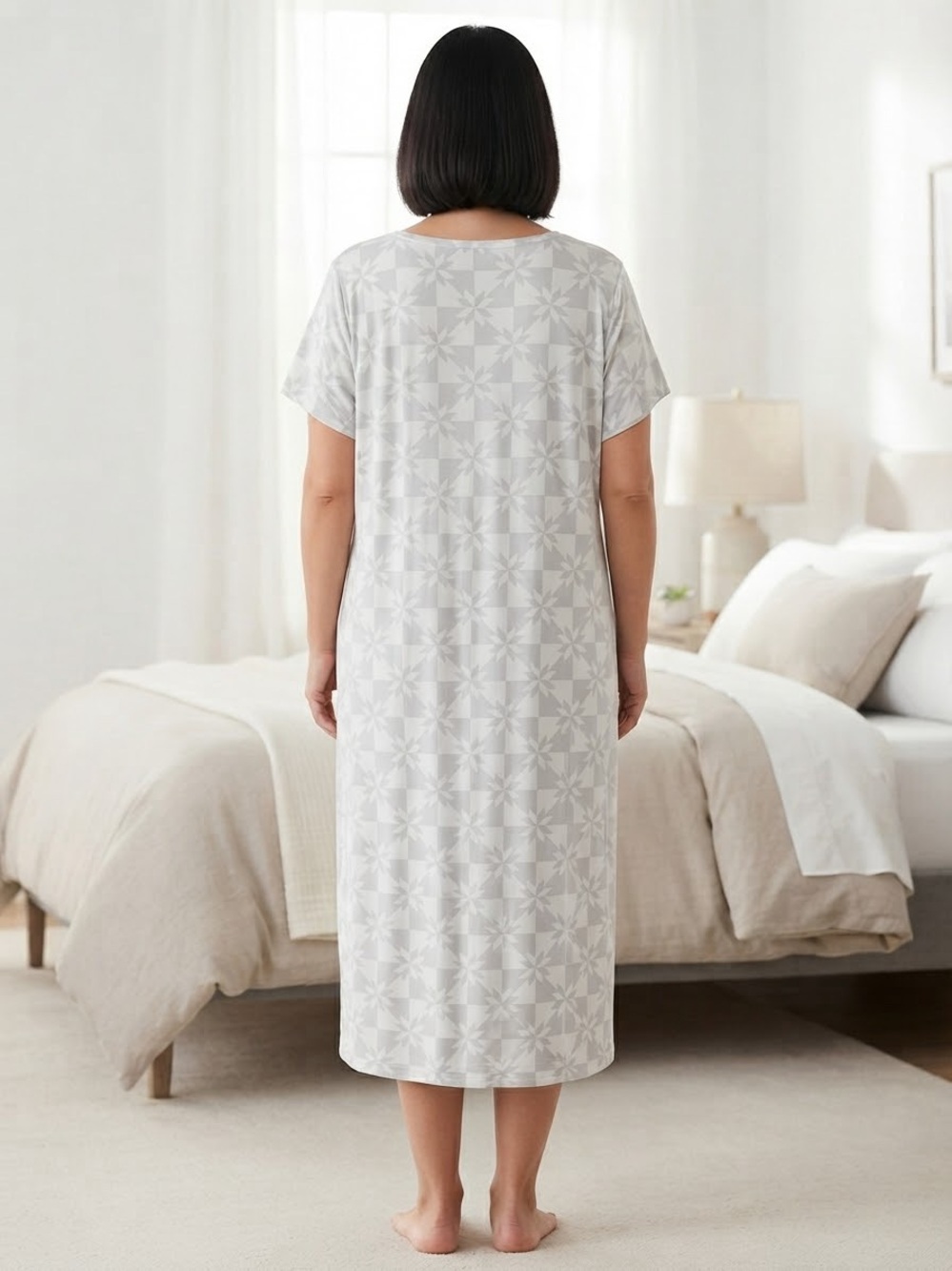 LANDS’ END Geometric Short-Sleeve Nightgown 2X 26” P2P Gray/Off White NWOT - Picture 7 of 12